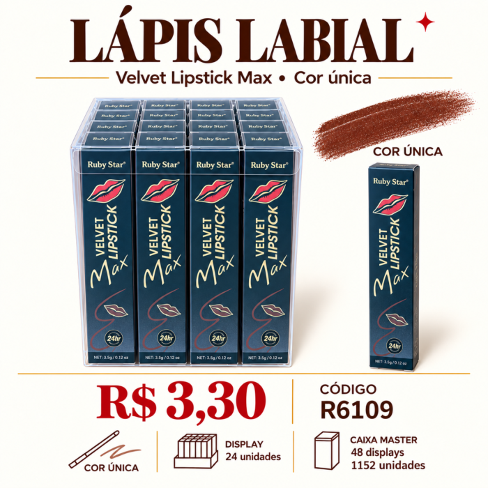 Lápis Labial Velvet Lipstick Max Ruby Star R6109 — imagem 1