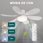 Ventilador de Teto Silencioso Econômico com Luz Led Lâmpada TOP Embutida 3 Cores Ajustáveis Modos Timer Controle Remoto