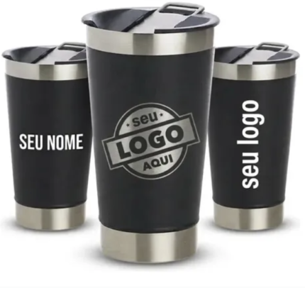 Copo Térmico Personalizado Inox 473ml Com Tampa Preto Com Logotipo