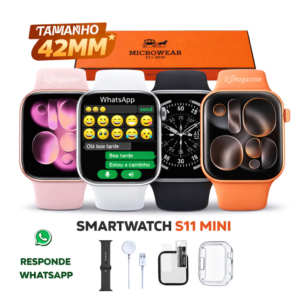 sg-11134201-82606-mm3rsl3ukyyrd0 Relógio Smartwatch Microwear S11 Mini 42mm Série 11 AMOLED WhatsApp IA - Imagem 1